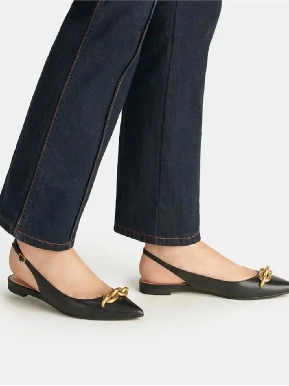 Coach Black Leather Pointed Slingback Flats with Gold Chain Accent